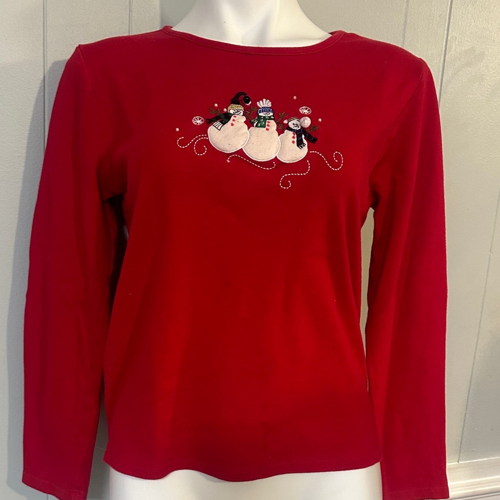 Pappagallo Red Long Sleeve Top with Snowman Embroidery